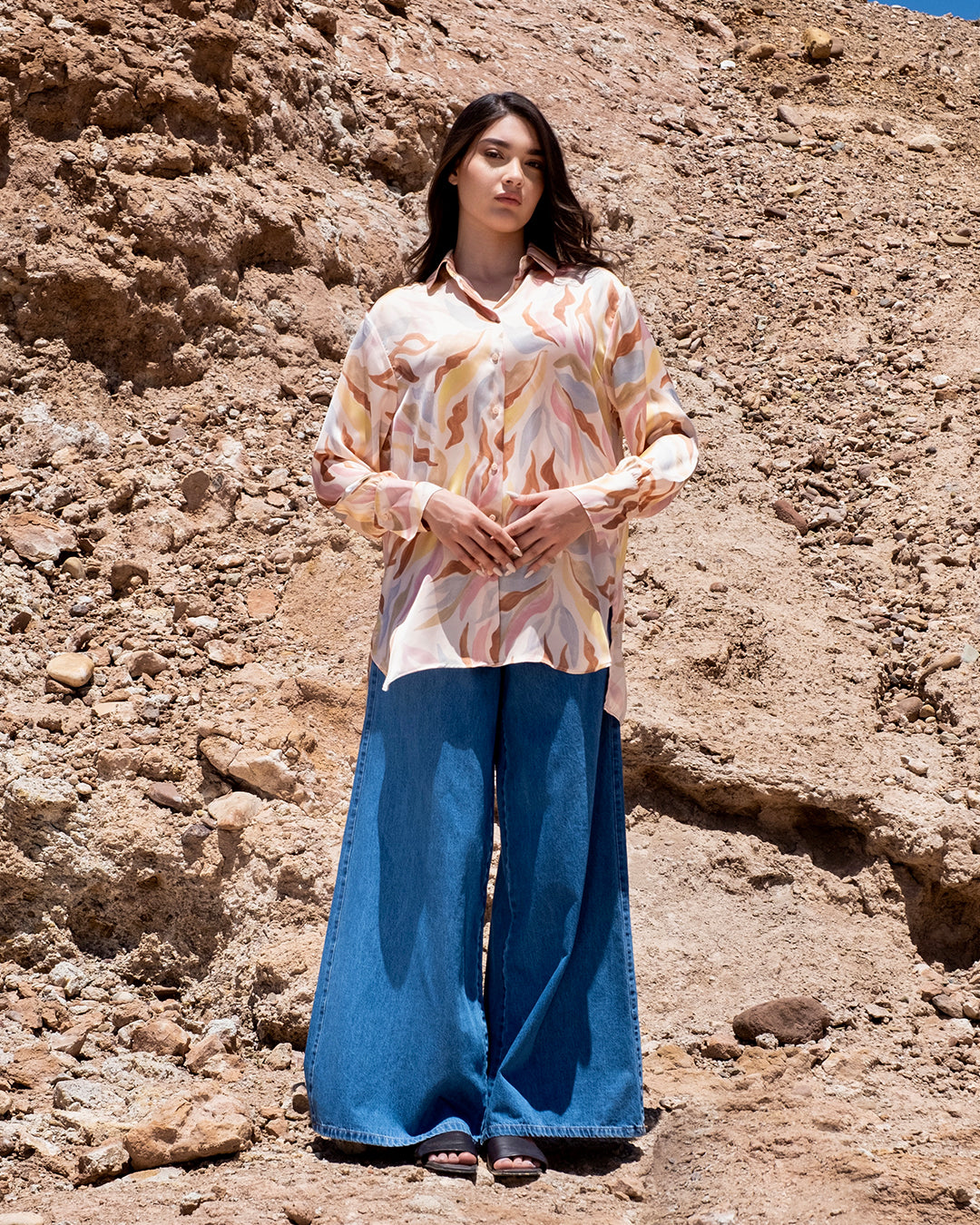 Chemise Satinée à Imprimé Vagues
