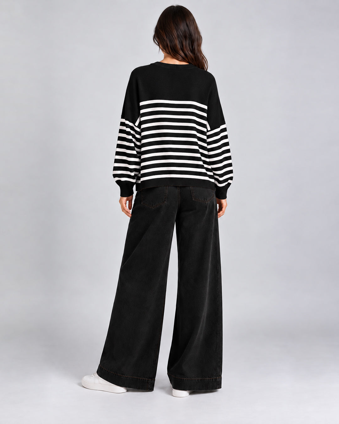 Pull Oversize en maille à rayures contrastées et manches longues_Noir_dos