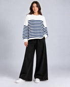 Pull Oversize en maille à rayures contrastées et manches longues_Blanc_Face