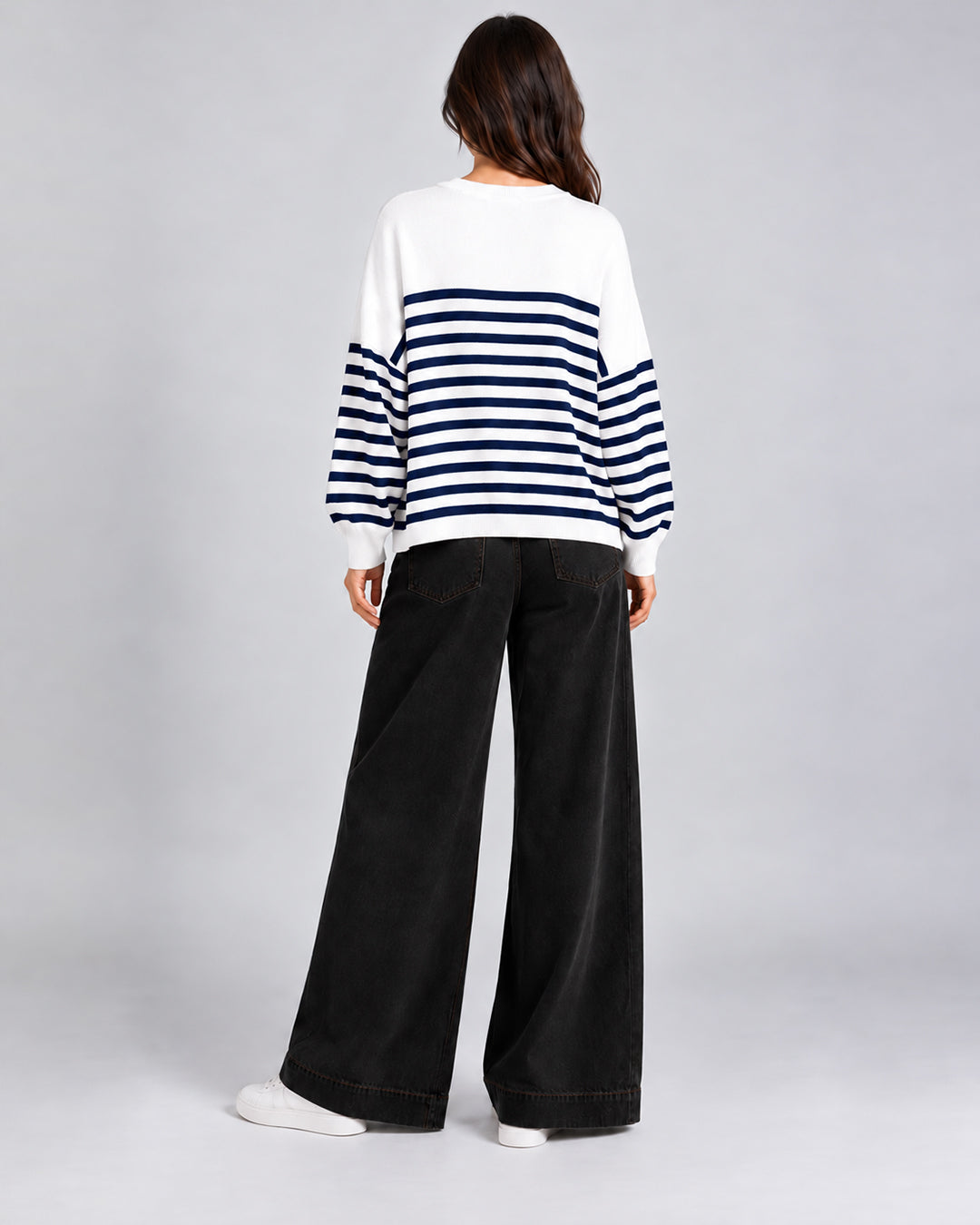 Pull Oversize en maille à rayures contrastées et manches longues_Blanc_dos