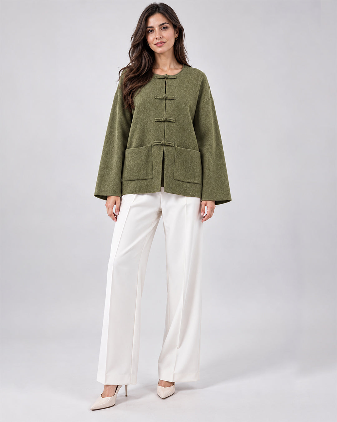 Veste Oversize en Maille avec Fermoirs Brandebourg_Vert kaki_face