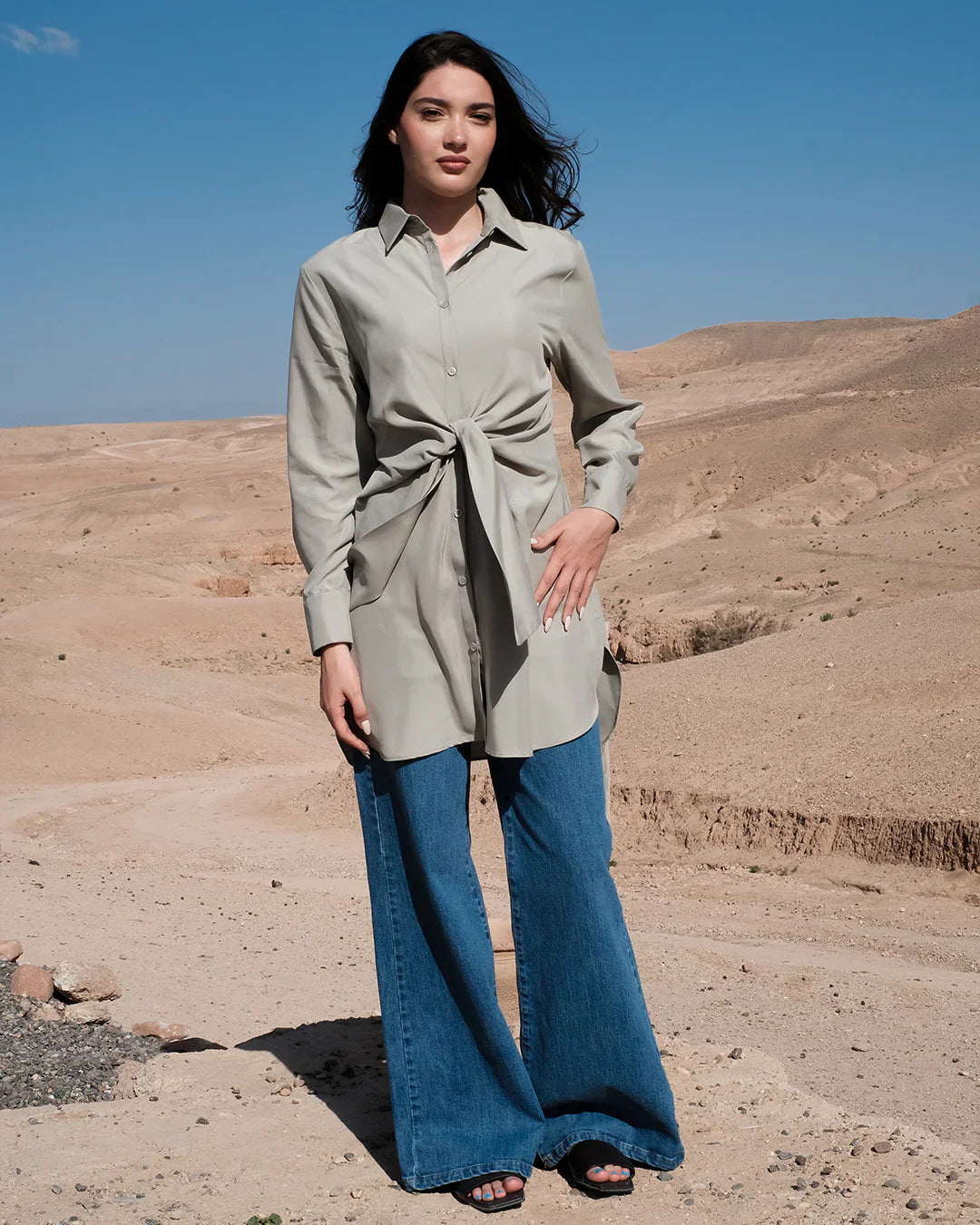 chemise longue fluide nouée à la taille pour femme-Vert-face