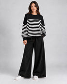 Pull Oversize en maille à rayures contrastées et manches longues_Noir_face