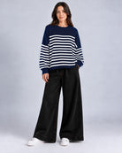 Pull Oversize en maille à rayures contrastées et manches longues_Bleu marine_face