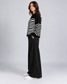 Pull Oversize en maille à rayures contrastées et manches longues_Noir_cote
