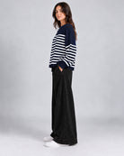Pull Oversize en maille à rayures contrastées et manches longues_Bleu marine_cote