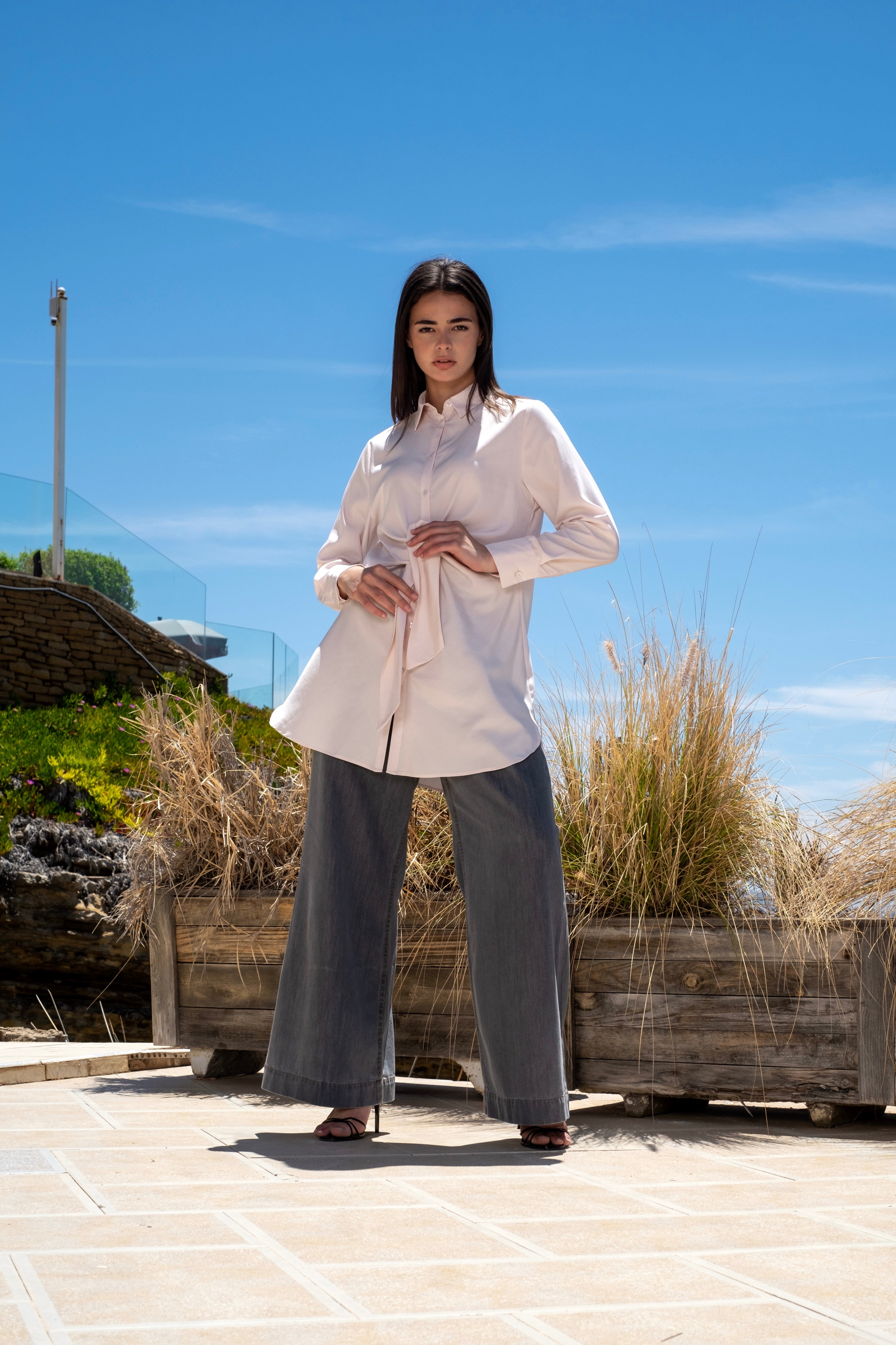 chemise longue fluide nouée à la taille pour femme-Rose-face