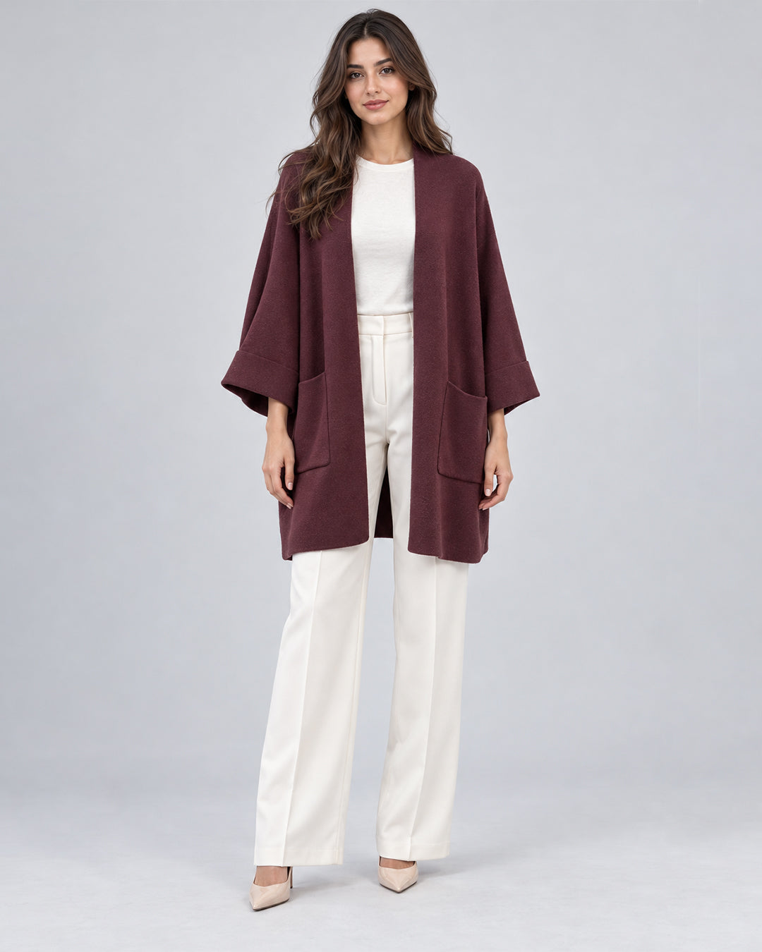 Gilet long en maille_Bordeaux_face