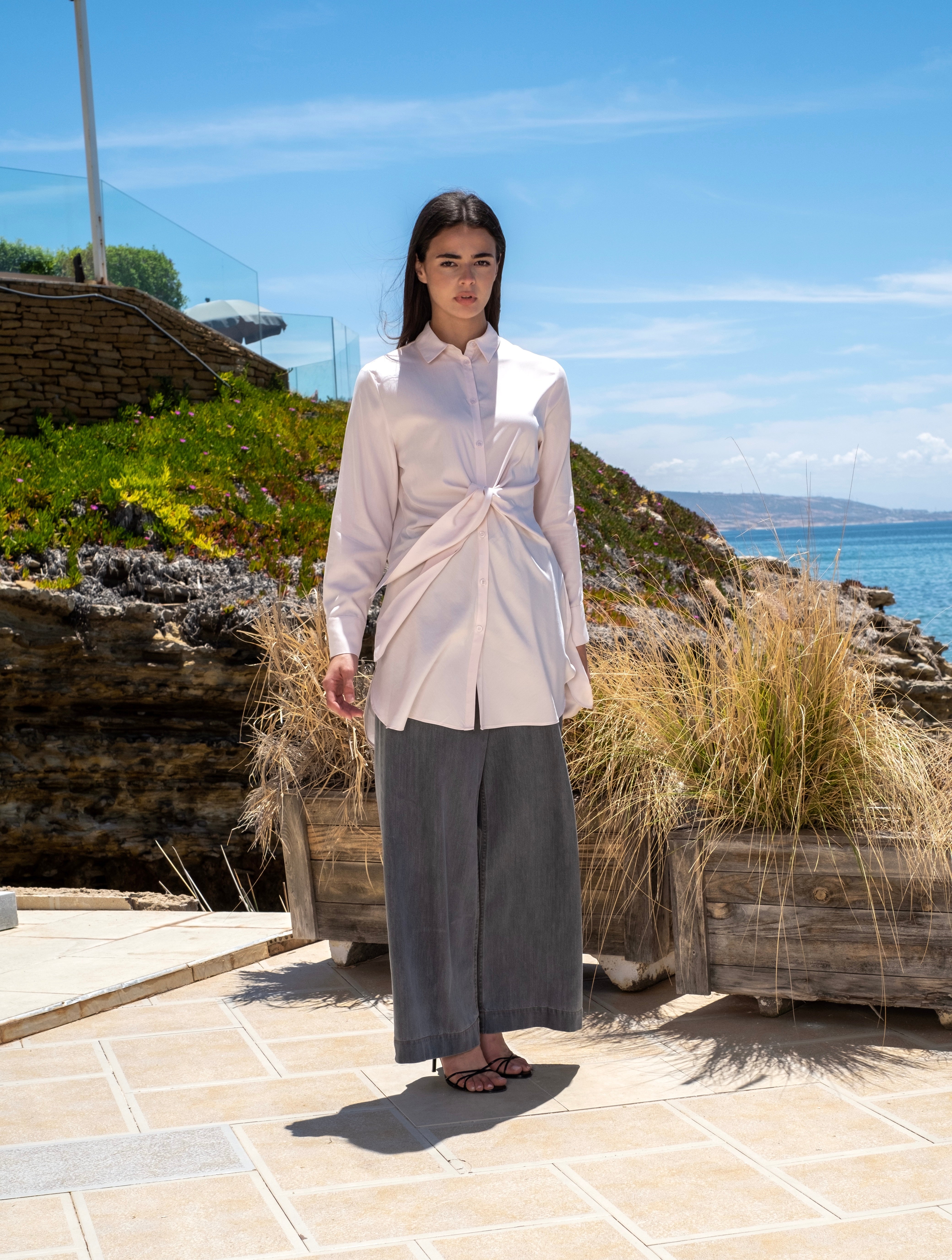chemise longue fluide nouée à la taille pour femme-Rose-face