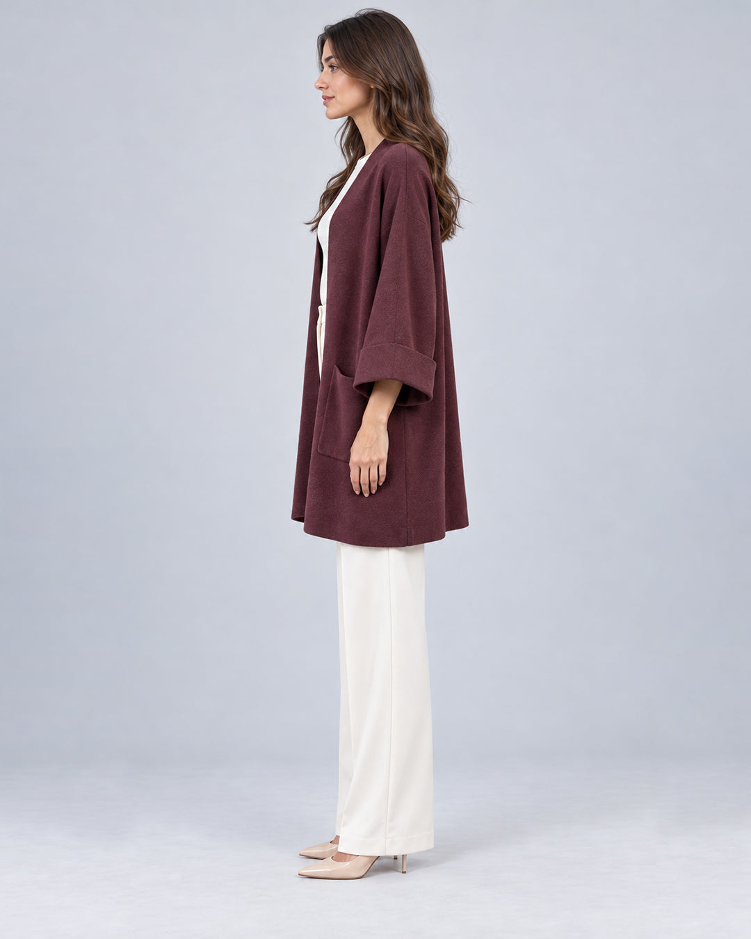 Gilet long en maille_Bordeaux_cote