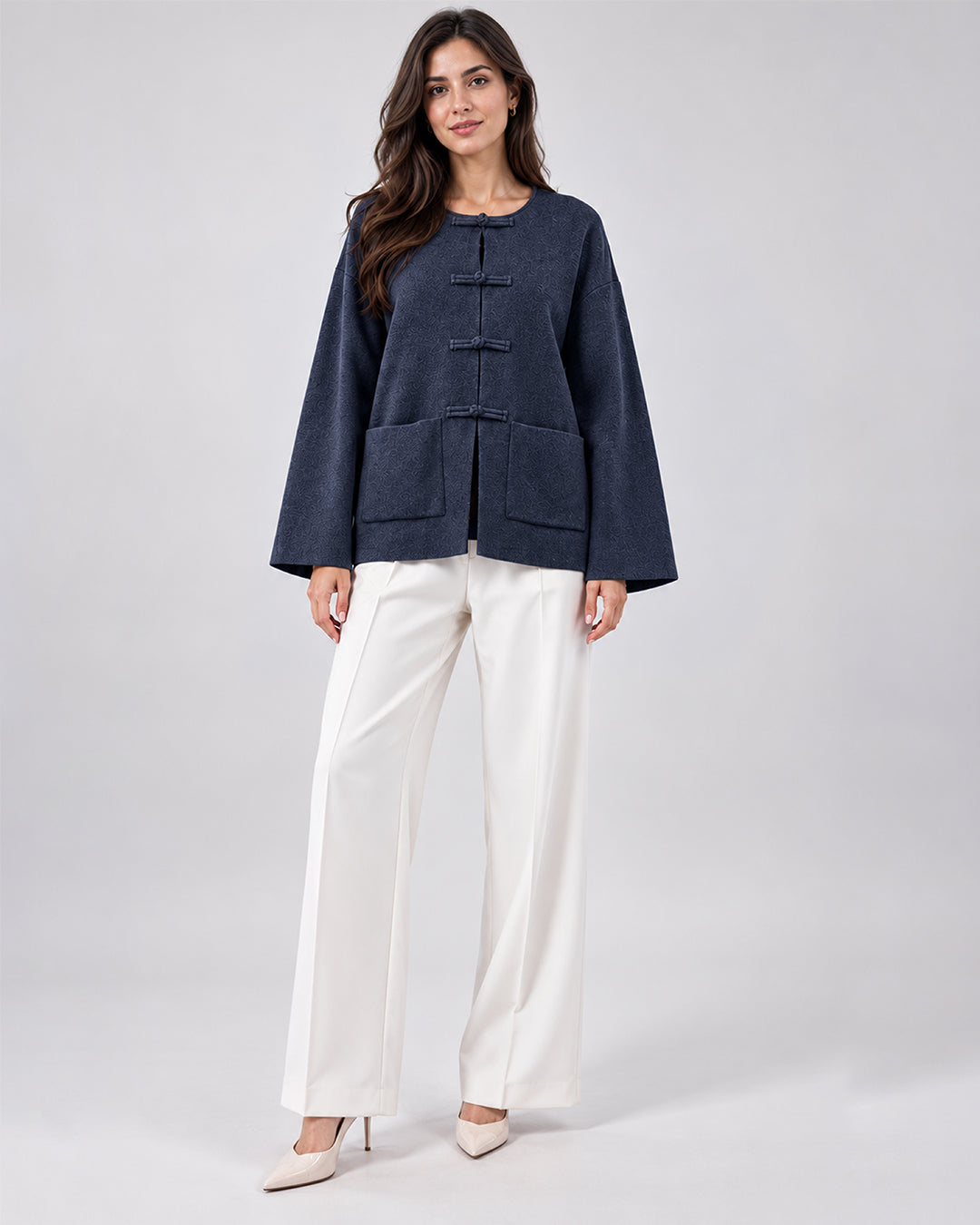 Veste Oversize en Maille avec Fermoirs Brandebourg_Bleu_face
