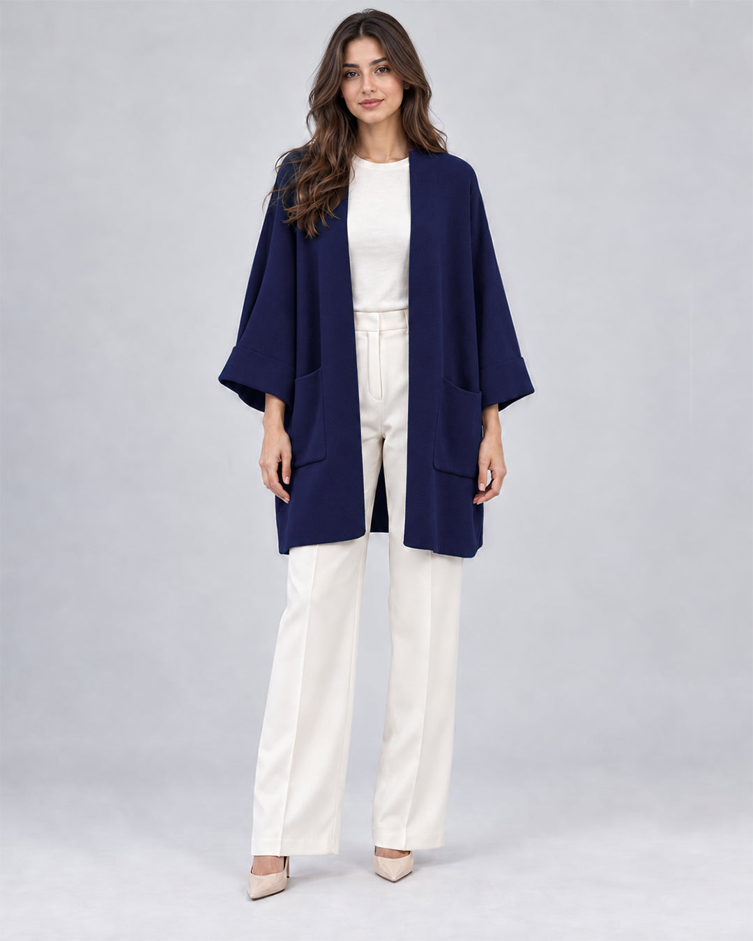 Gilet long en maille_Bleu marine_face