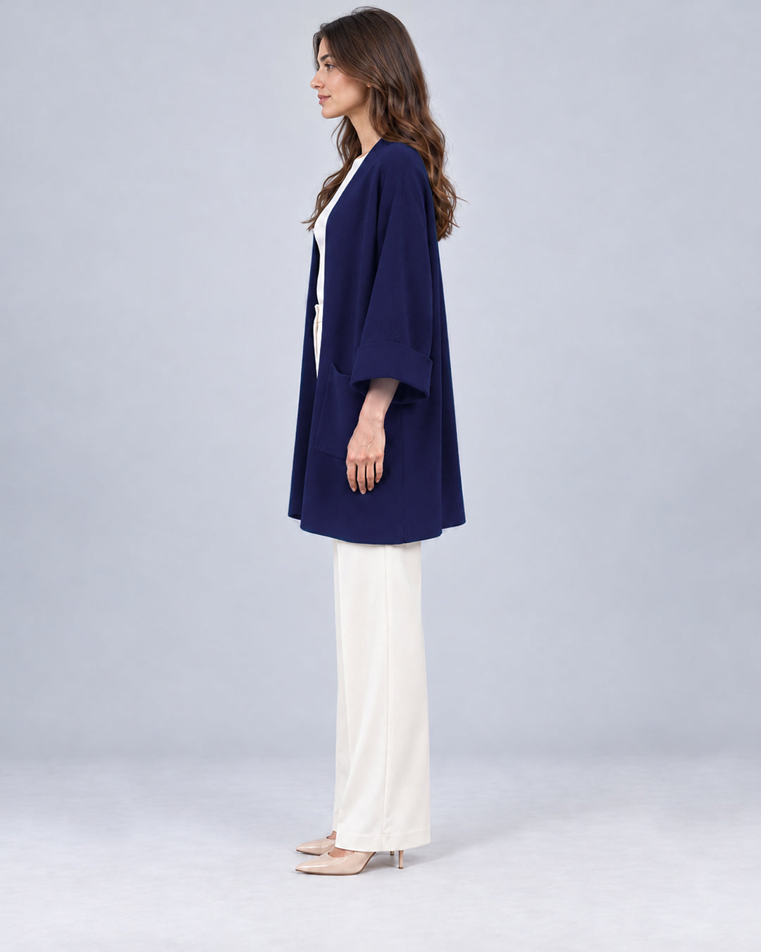 Gilet long en maille_Bleu marine_cote
