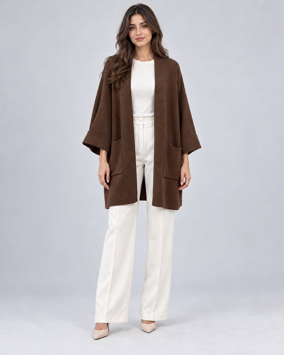 Cape avec capuche en maille_Marron_face