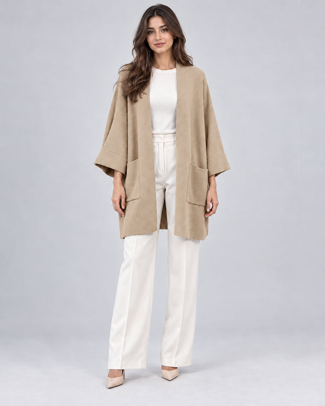 Gilet long en maille_Beige_face