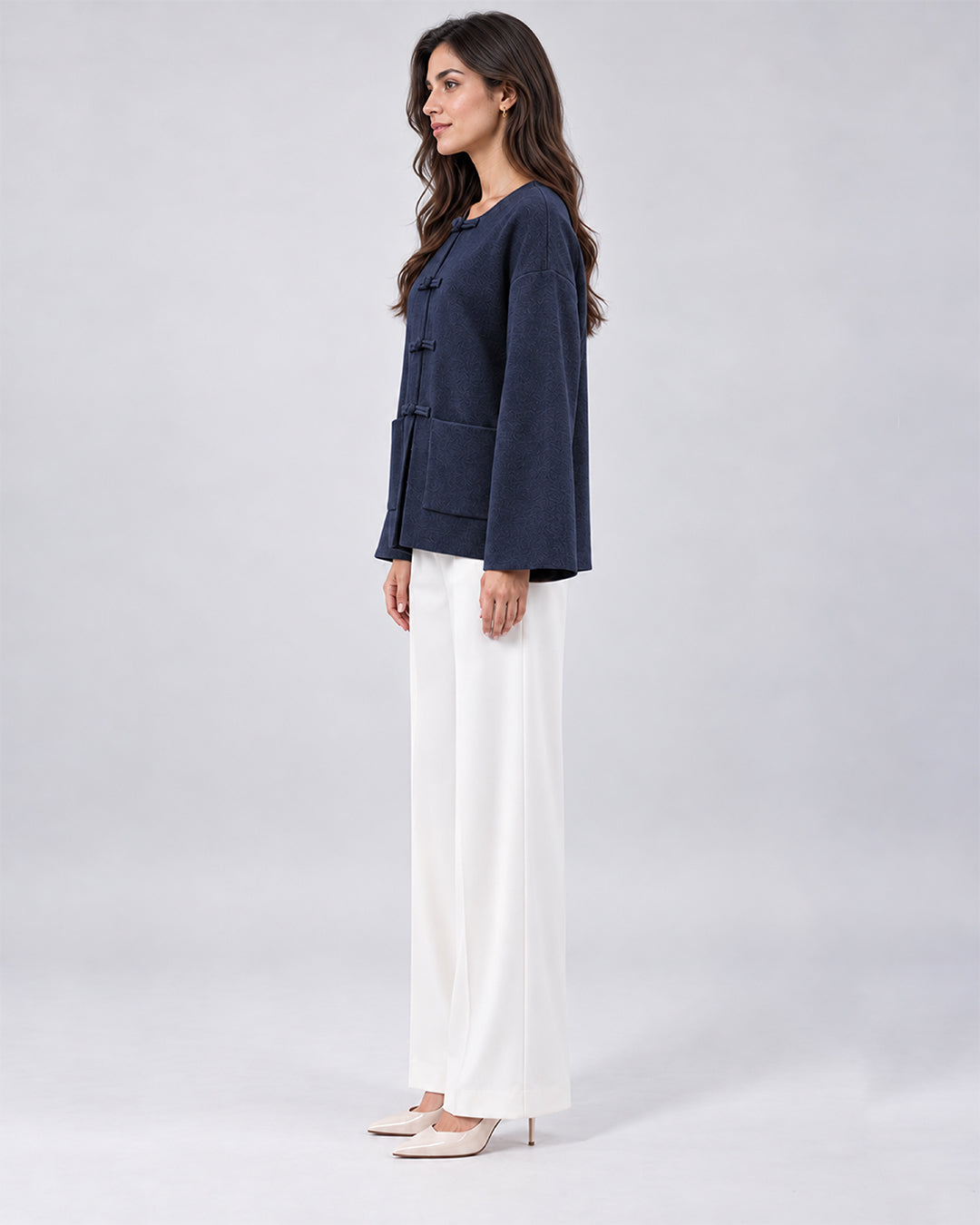 Veste Oversize en Maille avec Fermoirs Brandebourg_Bleu_cote
