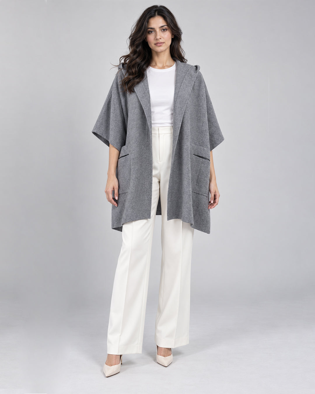 Cape avec capuche en maille_Gris_face