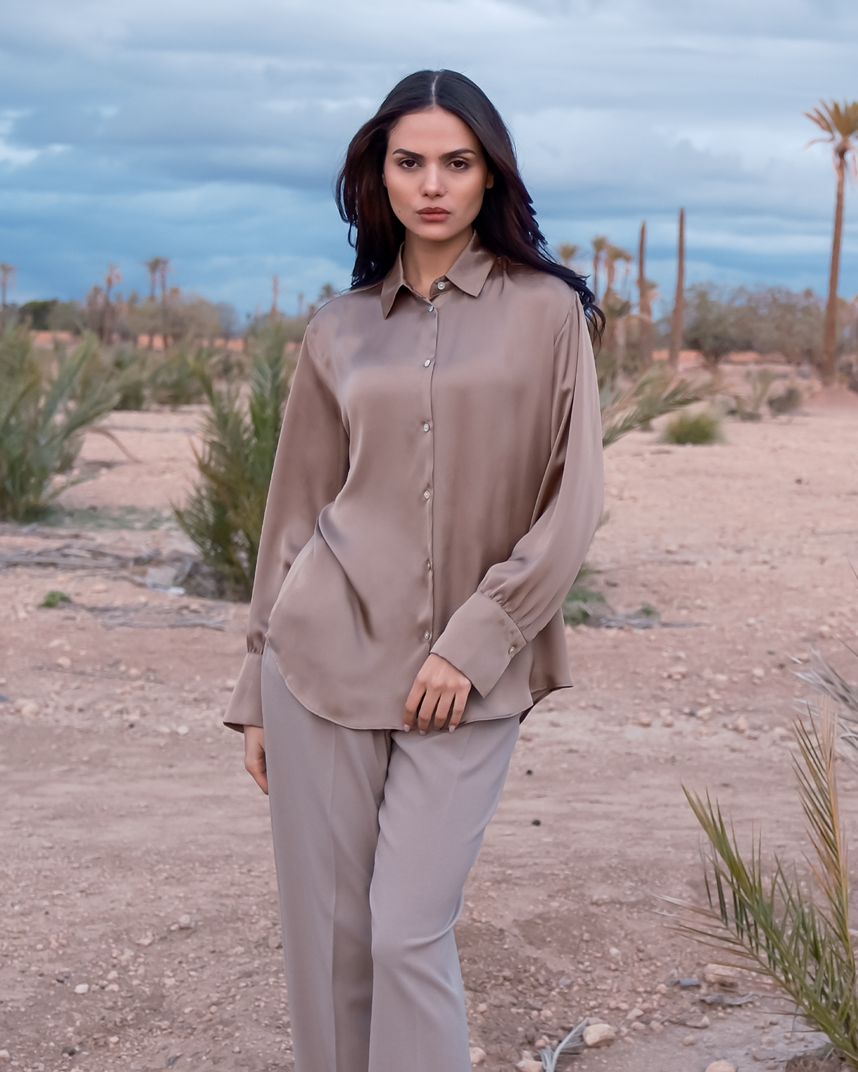 Chemise Satinée Boutonnée Beige