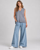 Pull Sans Manches Oversize en Maille à Col V_Gris_face