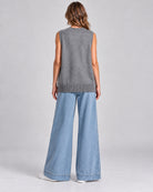 Pull Sans Manches Oversize en Maille à Col V_Gris_dos