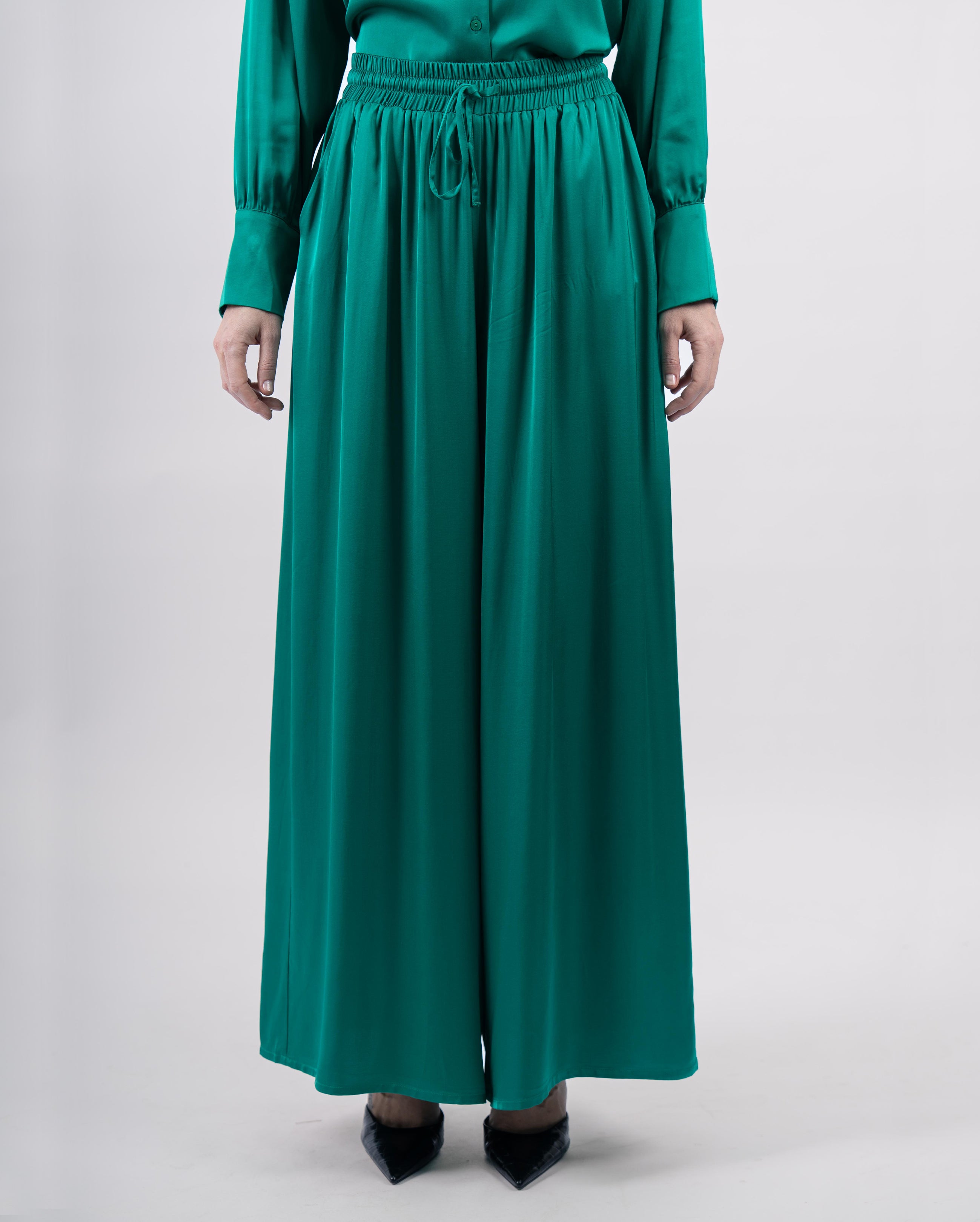 Pantalon palazzo à taille élastique, coupe large confortable et élégante- Vert- vue face