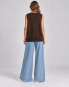 Pull Sans Manches Oversize en Maille à Col V_Marron_dos