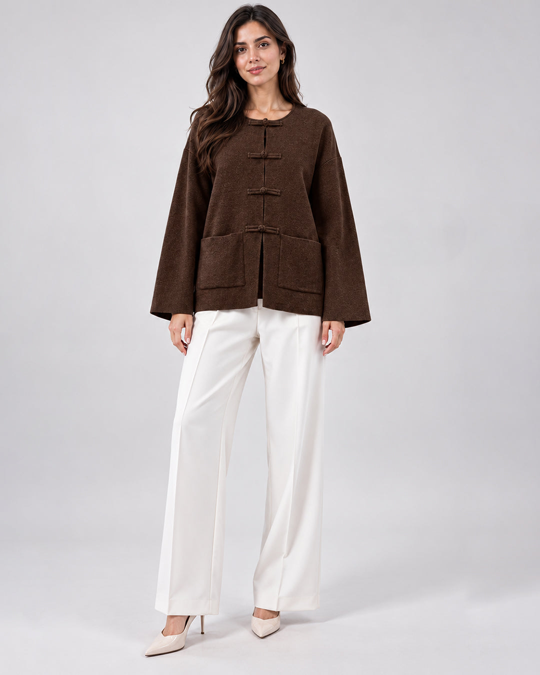 Veste Oversize en Maille avec Fermoirs Brandebourg_Marron_face