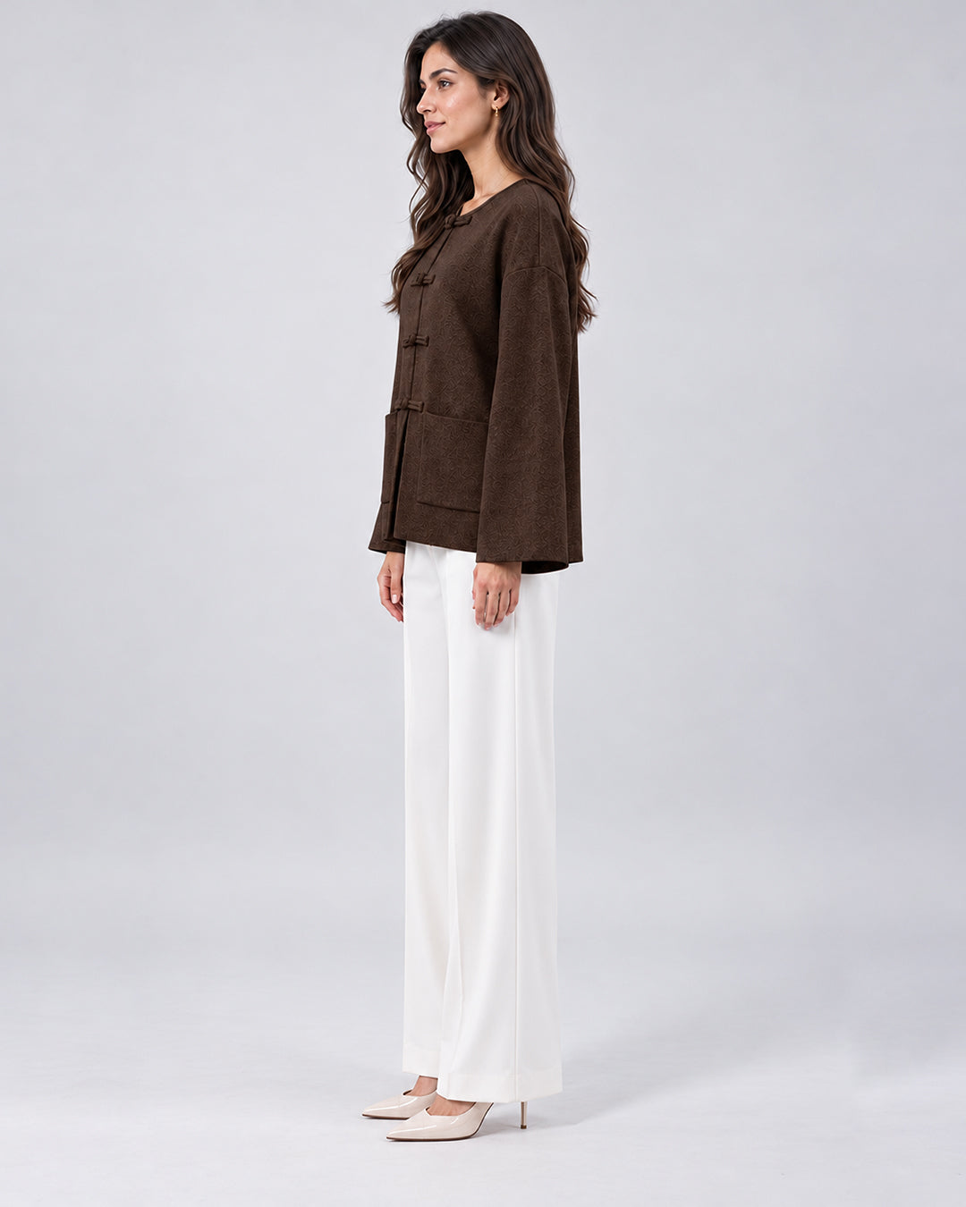 Veste Oversize en Maille avec Fermoirs Brandebourg_Marron_cote