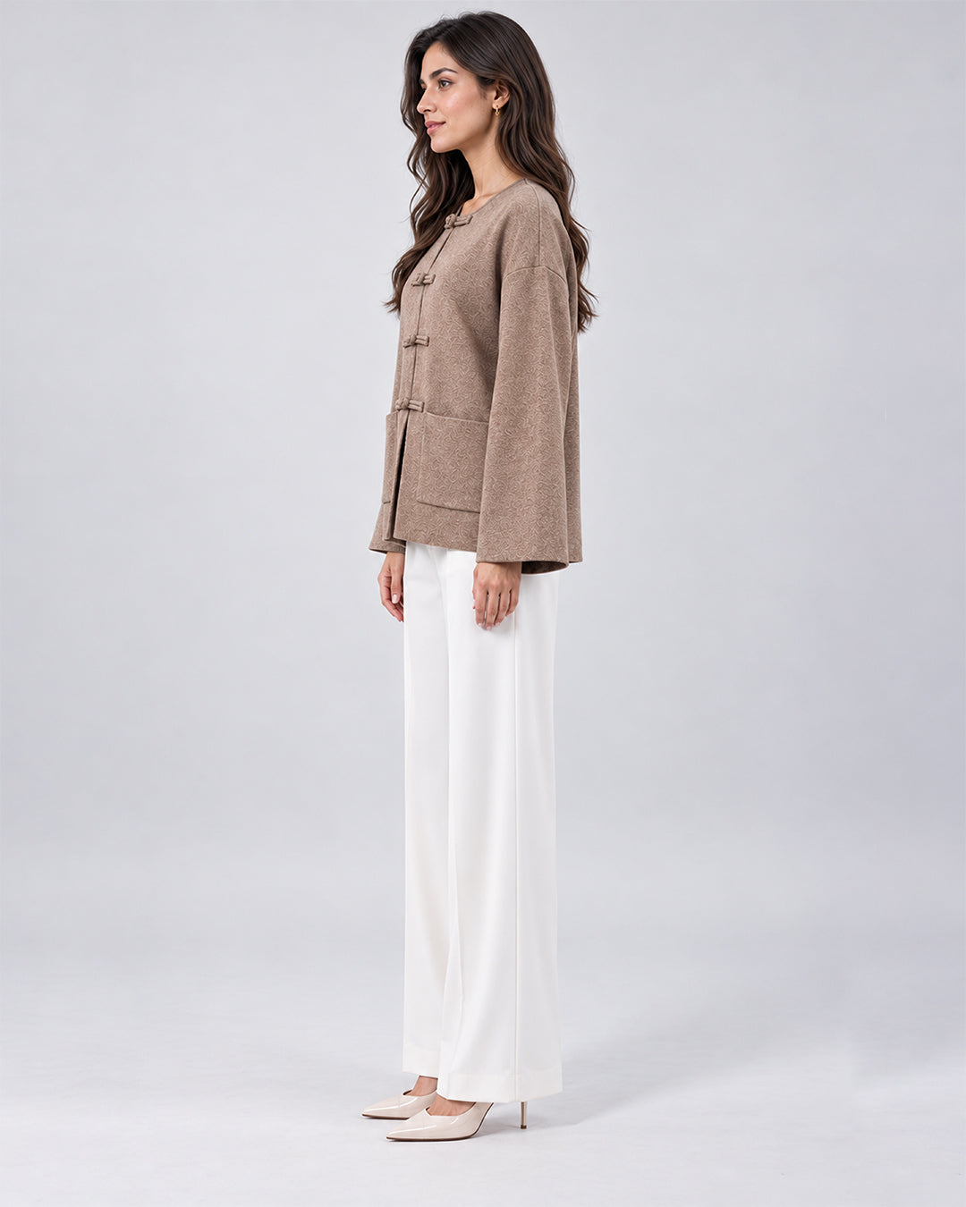 Veste Oversize en Maille avec Fermoirs Brandebourg_Beige_cote