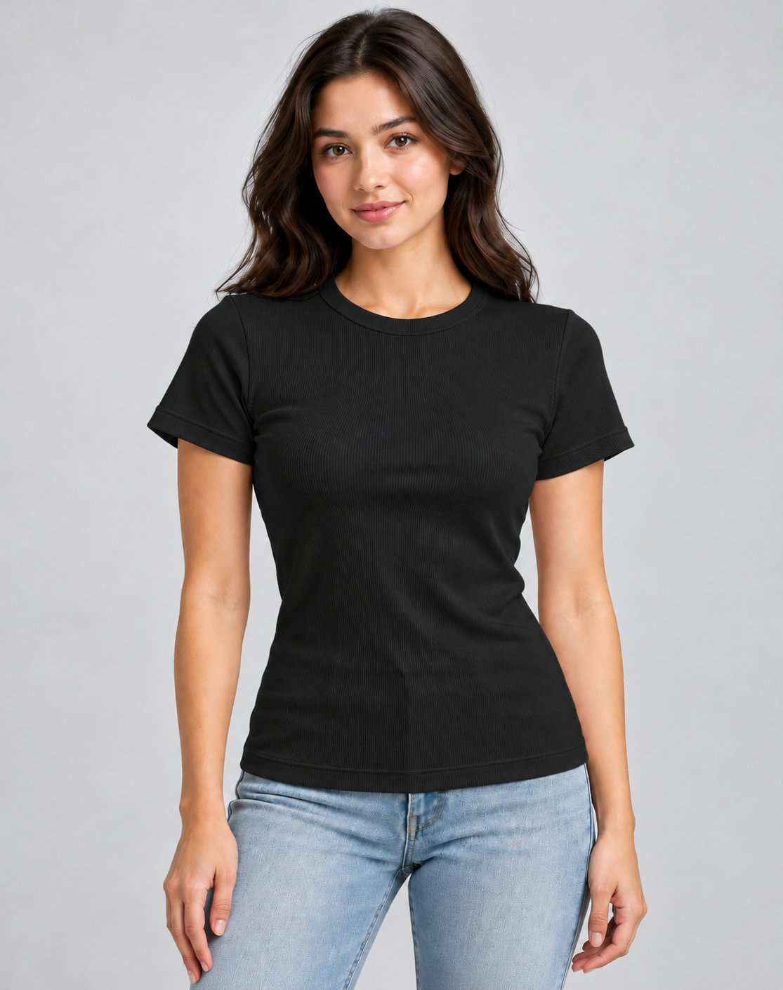 T-shirt ajusté en maille côtelée à manches courtes et col rond_Noir_face