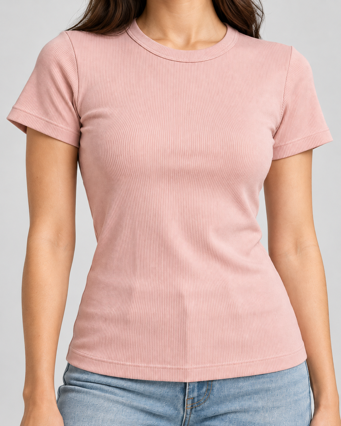 T-shirt ajusté en maille côtelée à manches courtes et col rond_Rose_detail