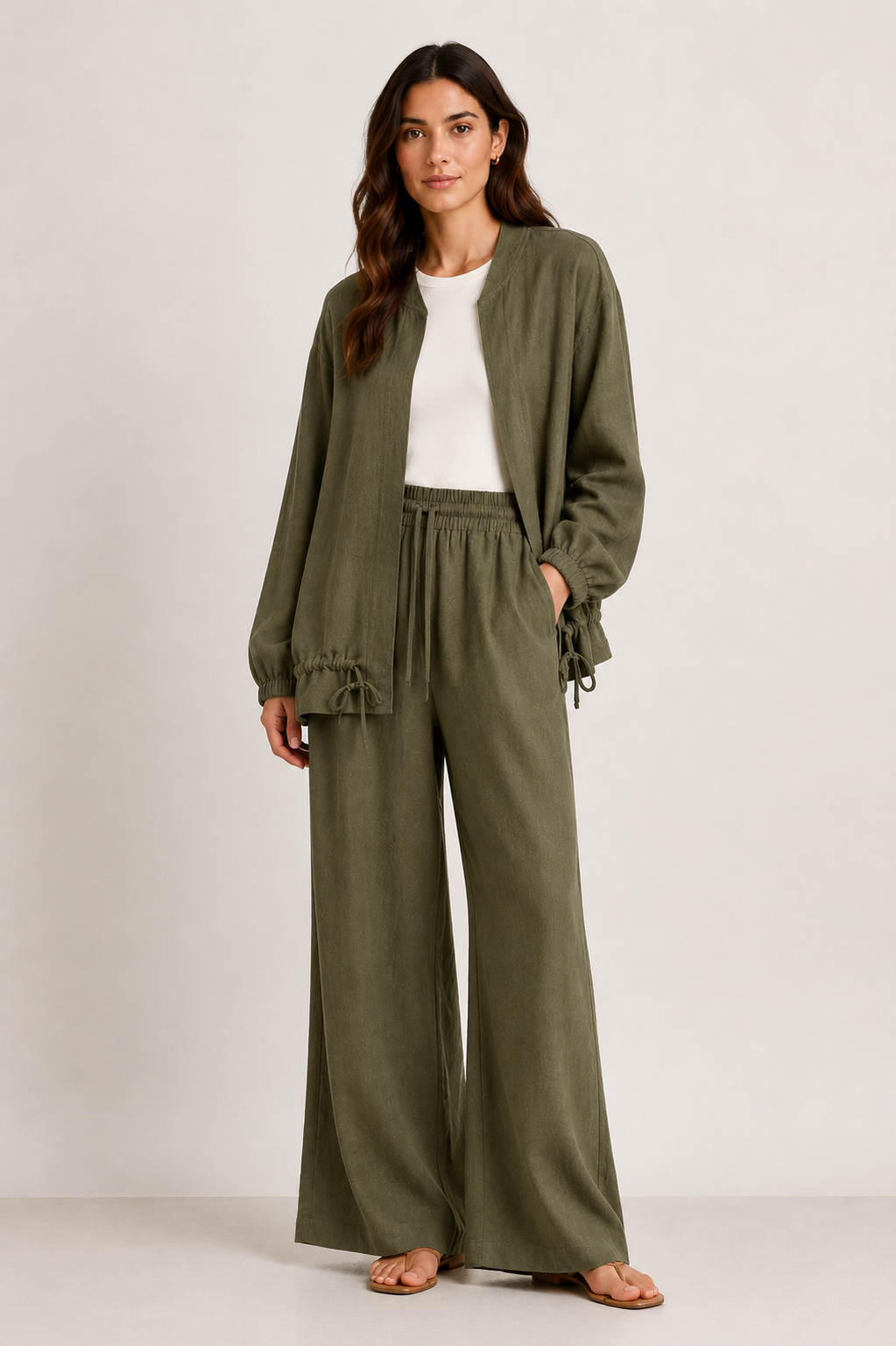 Bomber en lin avec cordons ajustables-Vert Kaki-femme-face