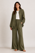 Bomber en lin avec cordons ajustables-Vert Kaki-femme-face