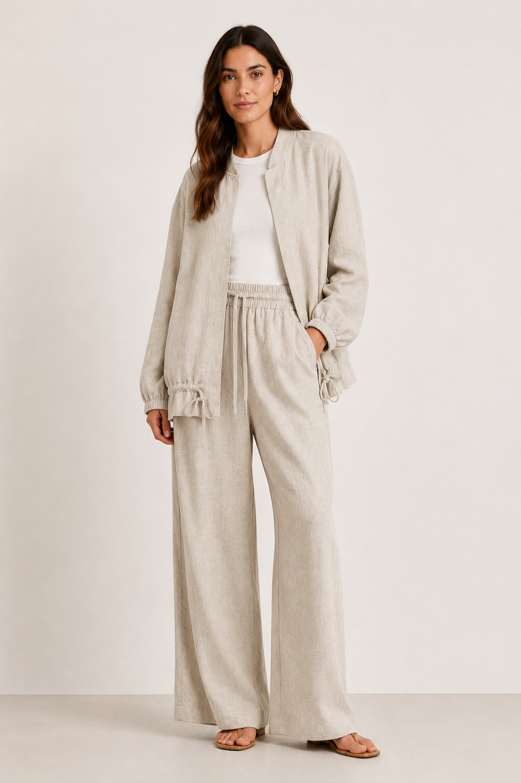 Bomber en lin avec cordons ajustables-Beige-femme-face