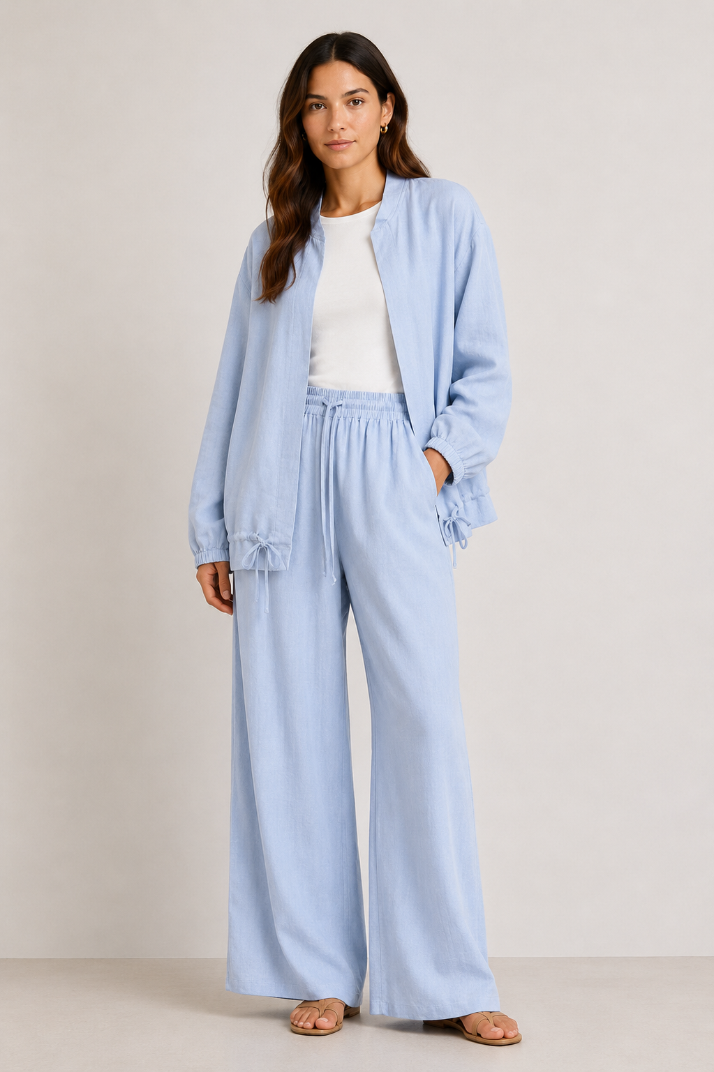 Bomber en lin avec cordons ajustables-Bleu ciel-femme-face