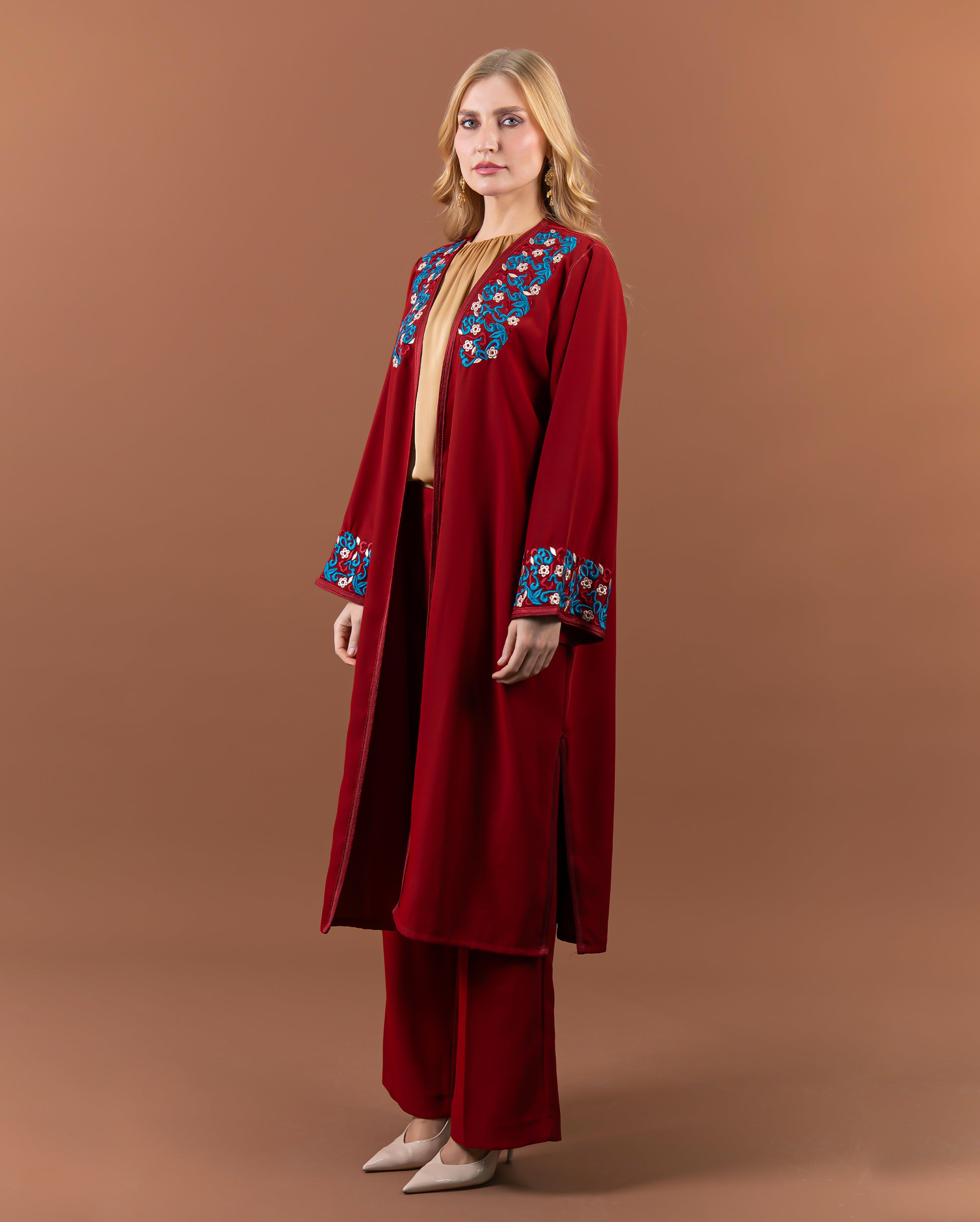 Kimono fluide brodé avec ceinture pour femme –Bordeaux-cote