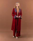 Kimono fluide brodé avec ceinture pour femme –Bordeaux-face