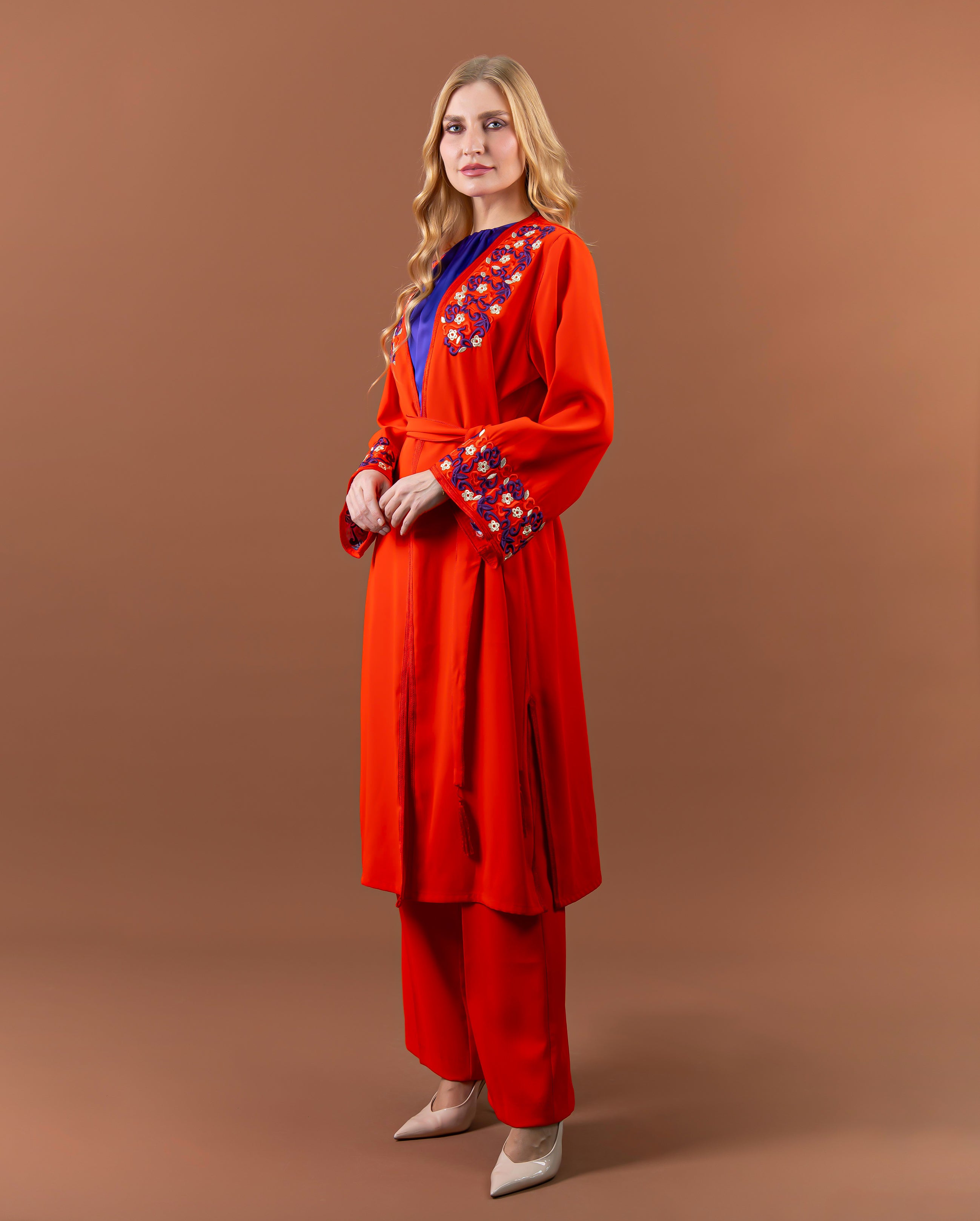 Kimono fluide brodé avec ceinture pour femme – Orange-cote