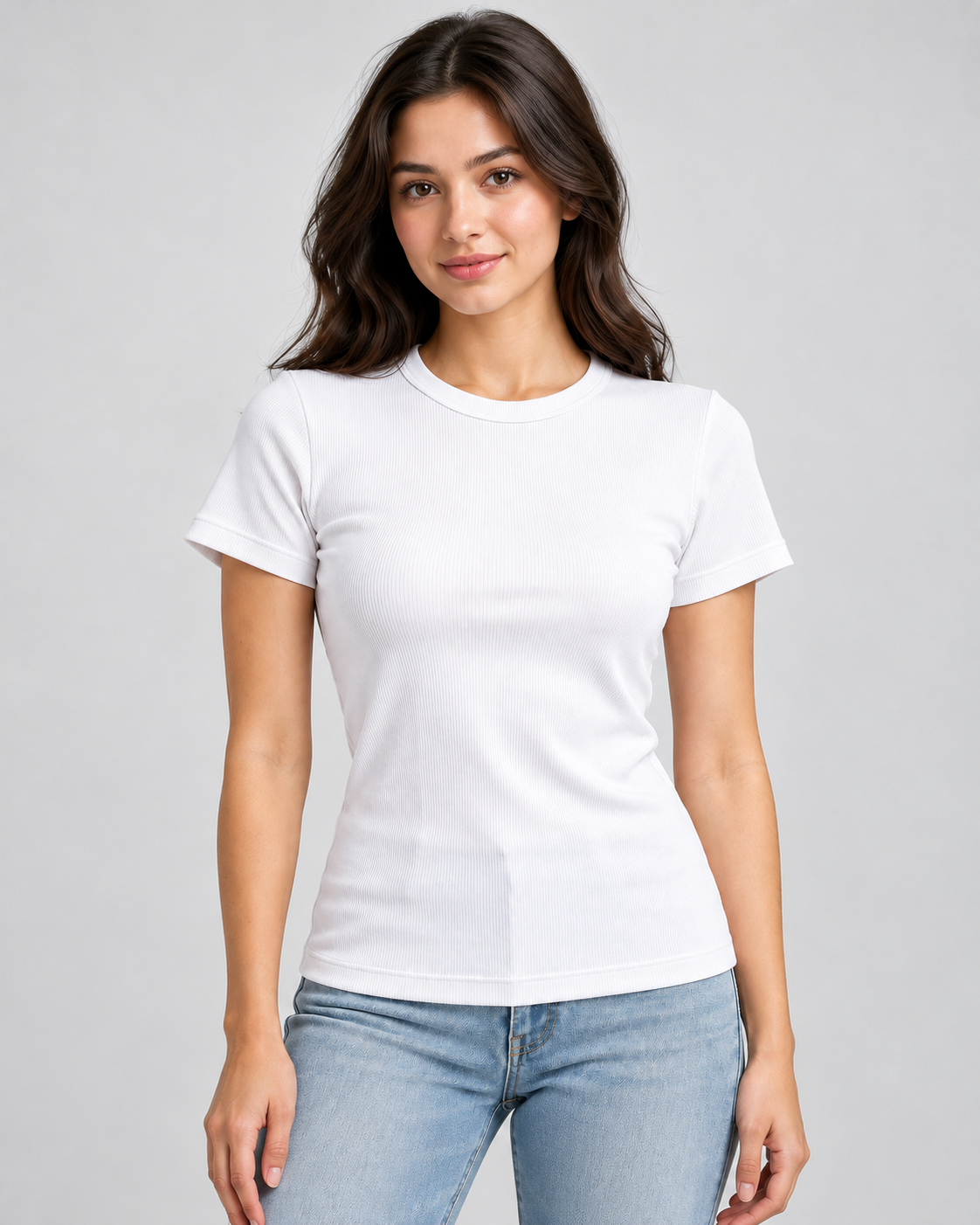 T-shirt ajusté en maille côtelée à manches courtes et col rond_Blanc_face