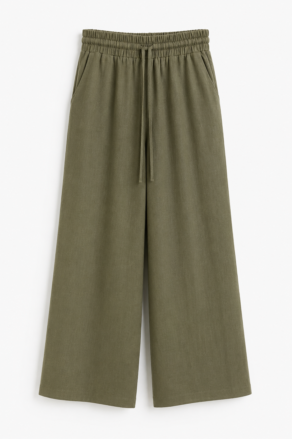 Pantalon large en lin à taille élastique-Vert Kaki-femme-RAZANA