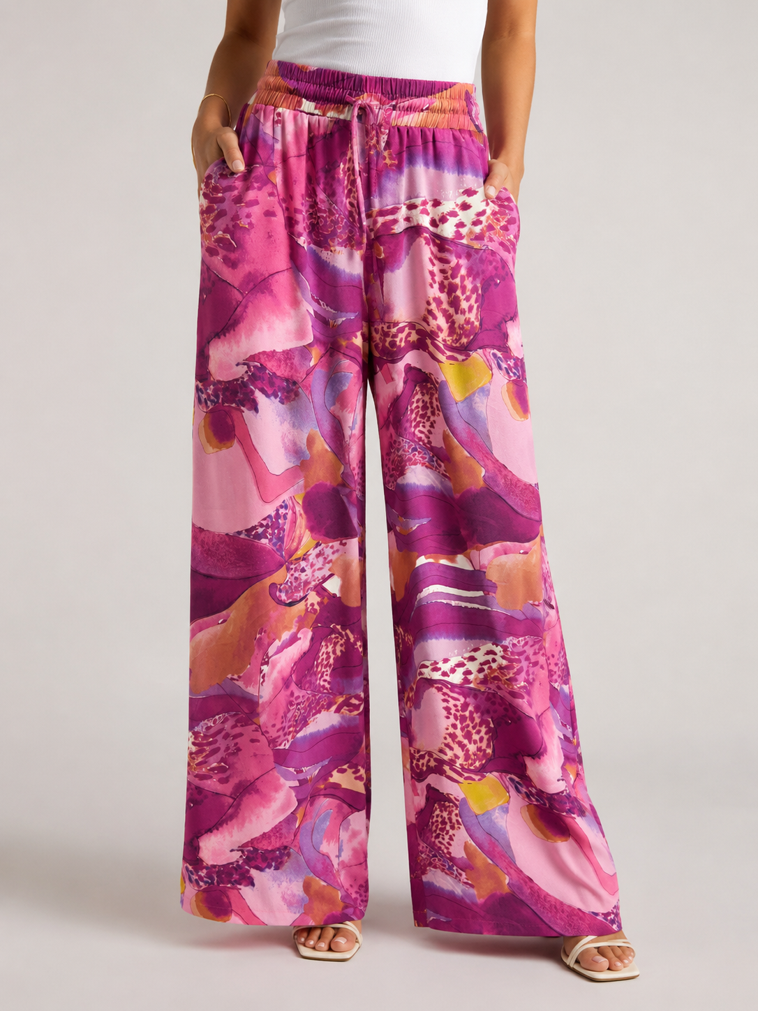 Pantalon long pour femme à imprimé abstrait fuchsia, rose et violet, taille élastique avec cordon-vue de face-RAZANA