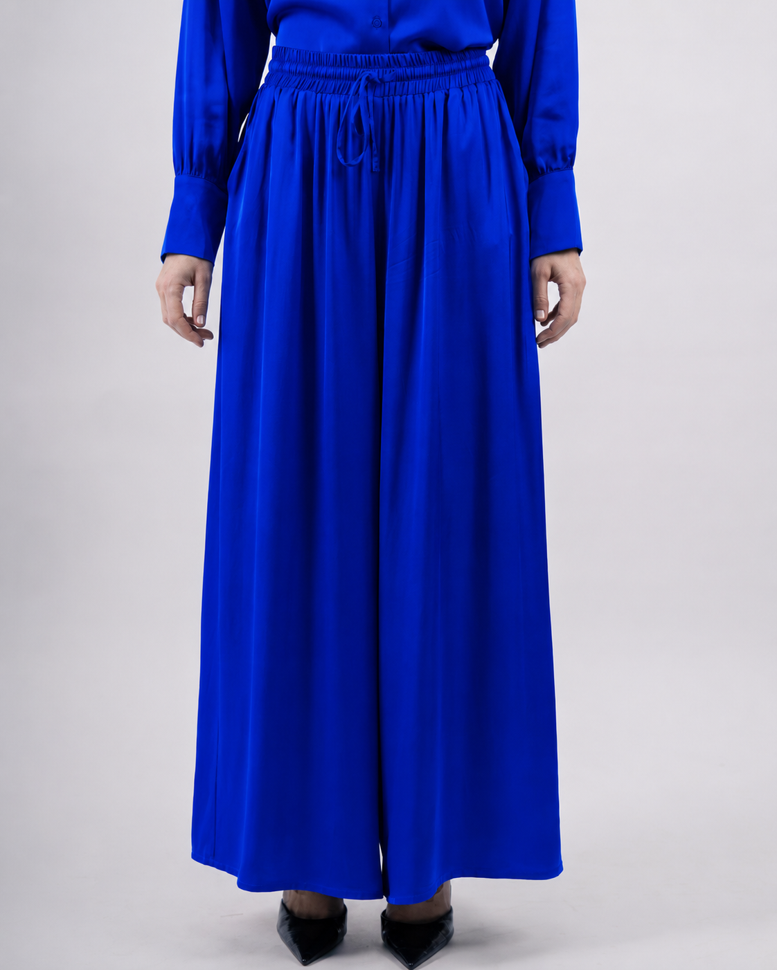 Pantalon palazzo à taille élastique, coupe large confortable et élégante- Bleu- vue face