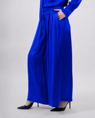Pantalon palazzo à taille élastique, coupe large confortable et élégante- Bleu- vue coté