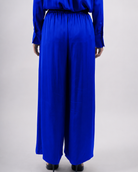 Pantalon palazzo à taille élastique, coupe large confortable et élégante- Bleu- vue arrière