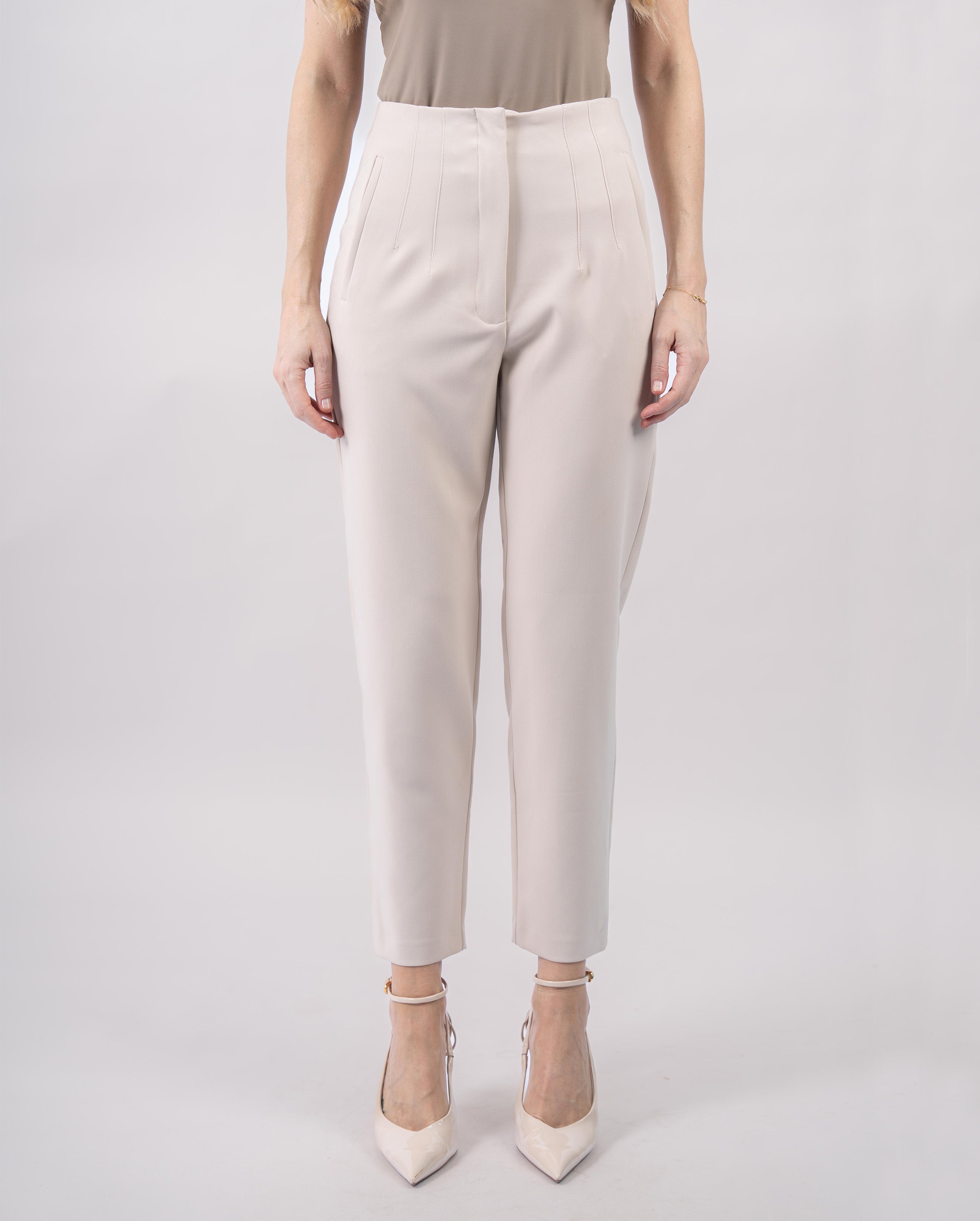 Pantalon taille haute à pinces-femme-Beige-face