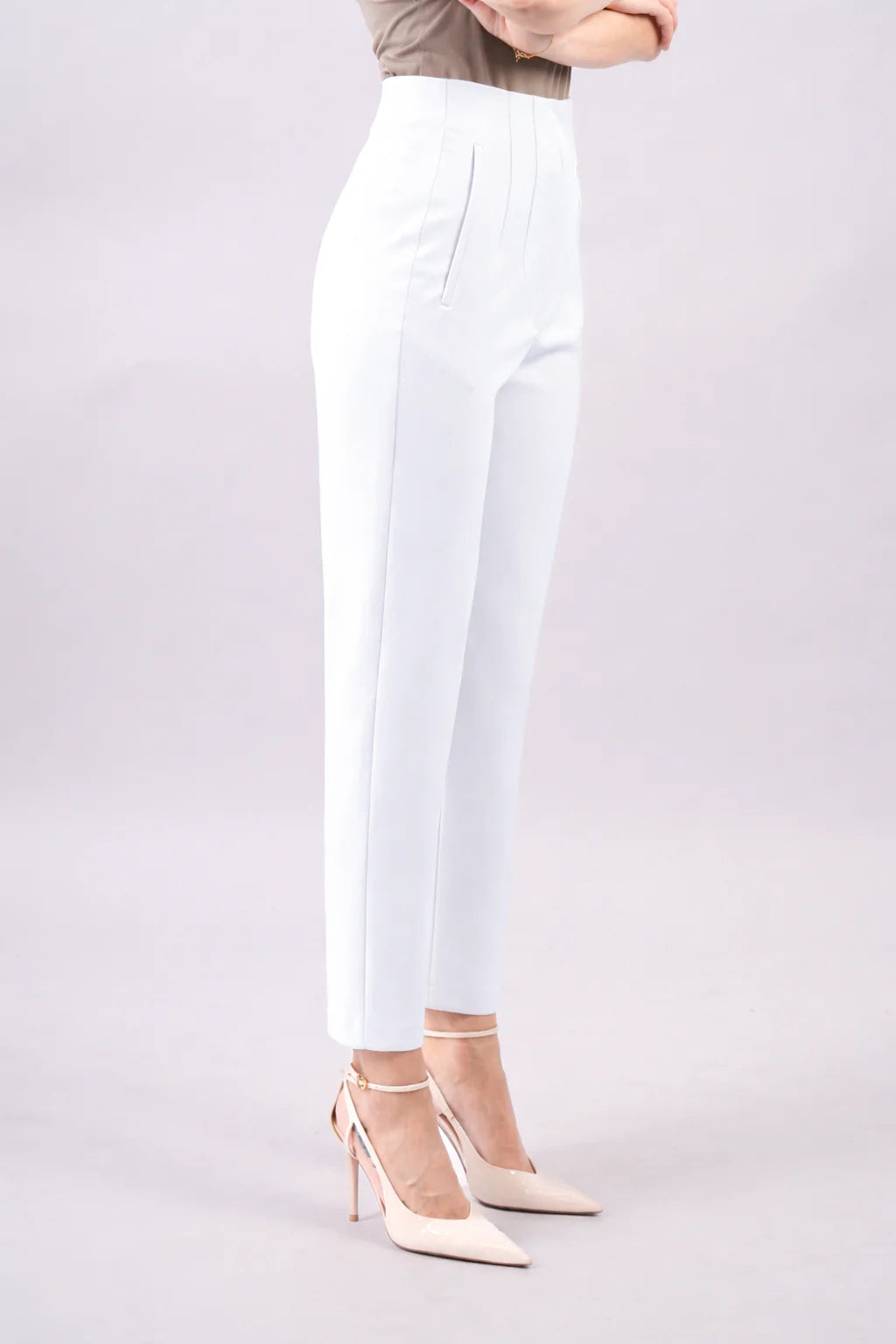 Pantalon taille haute à pinces-femme-Blanc-cote