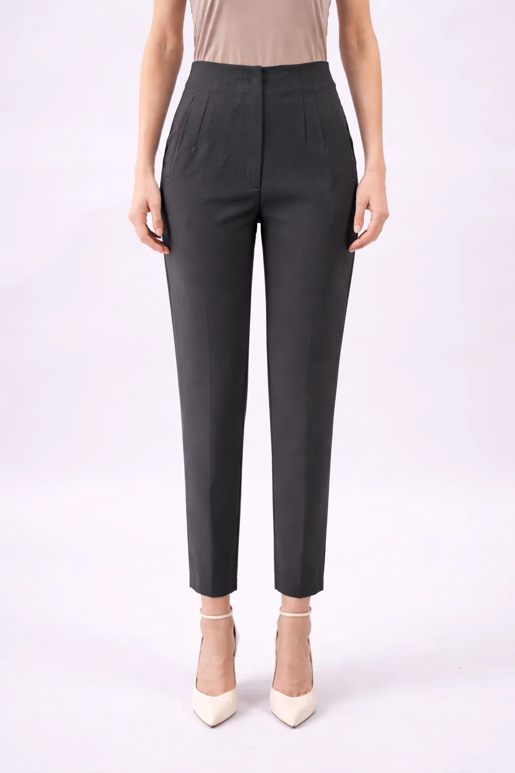 Pantalon taille haute à pinces-femme-Gris-face
