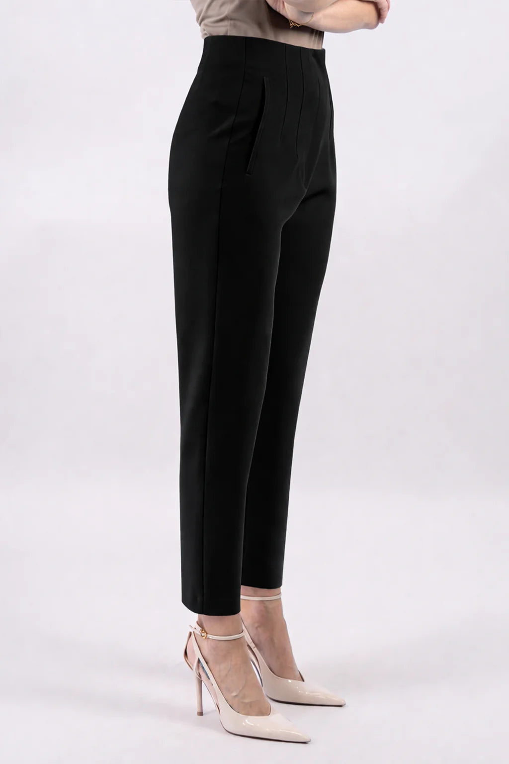 Pantalon taille haute à pinces-femme-Noir-cote