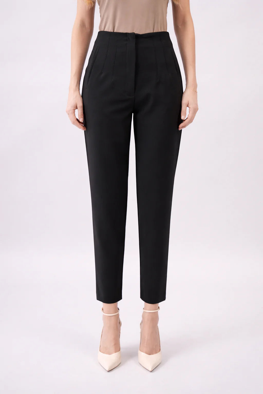 Pantalon taille haute à pinces-femme-Noir-face