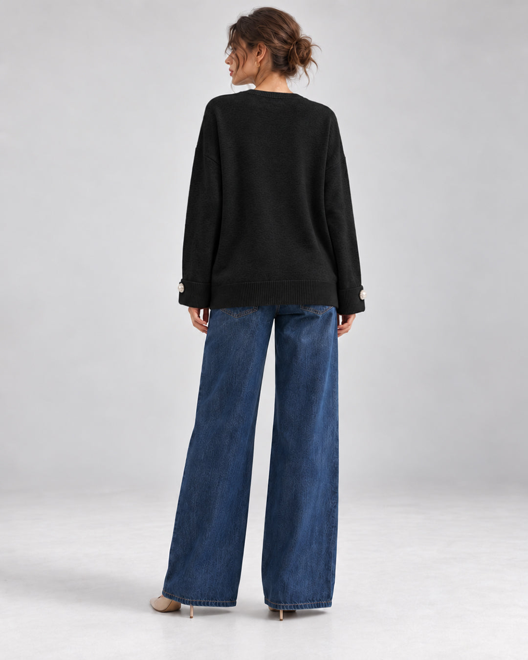 Pull_en_maille_a_col_rond_et_poignets_a_detail_decoratif-vue de dos_Noir